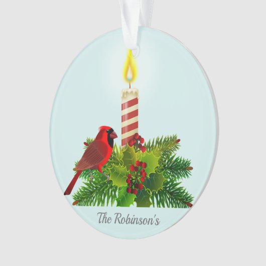 Gepersonaliseerde kardinaal en kaars op lichtblauw ornament (voorkant)