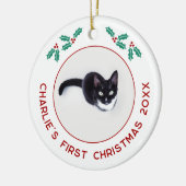 Gepersonaliseerde kat eerste kerstfoto keramisch ornament (Links)