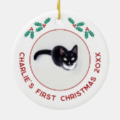 Gepersonaliseerde kat eerste kerstfoto keramisch ornament (Achterkant)