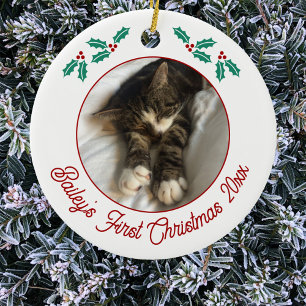 Gepersonaliseerde kat eerste kerstfoto keramisch ornament