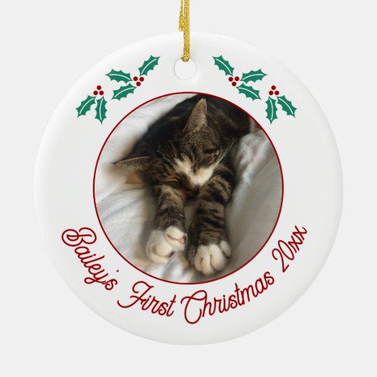 Gepersonaliseerde kat eerste kerstfoto keramisch ornament (Achterkant)