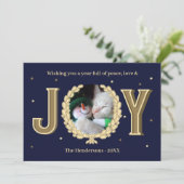 Gepersonaliseerde Kat Foto Blauw Goud Vreugde Kers Feestdagenkaart (Staand voorkant)