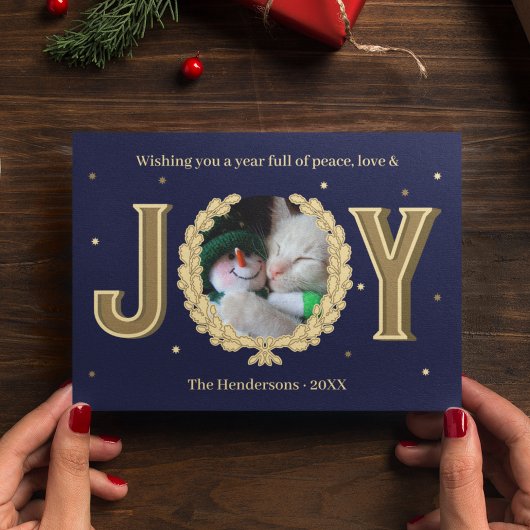 Gepersonaliseerde Kat Foto Blauw Goud Vreugde Kers Feestdagenkaart
