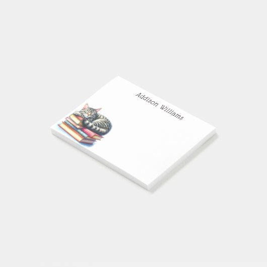 Gepersonaliseerde Kat Nap op Stack of Books Post-it® Notes (Schuin)