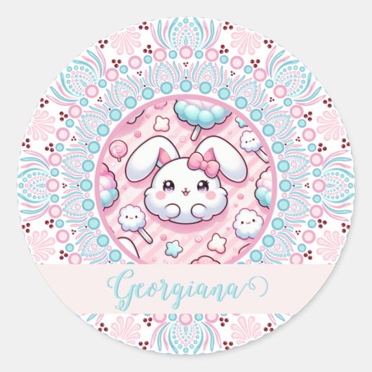 Gepersonaliseerde katoenen Snoep Kawaii Bunny Dot  Ronde Sticker (Voorkant)