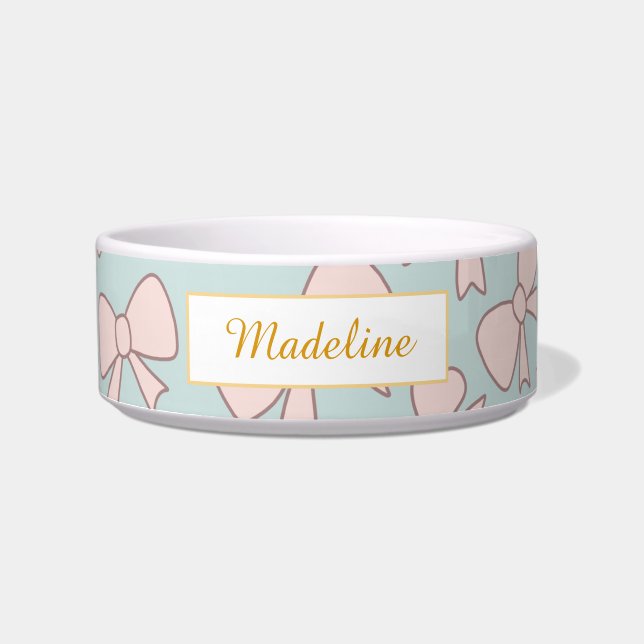 Gepersonaliseerde kattennaam pastelroze strik kom  (Voorkant)