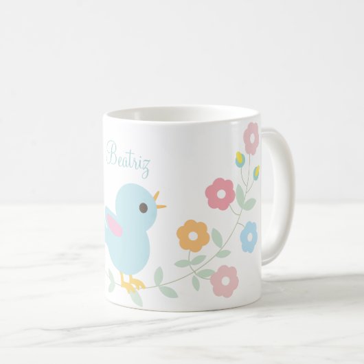 Gepersonaliseerde Kawaii Bird en Flowers Koffiemok (Voorkant rechts)