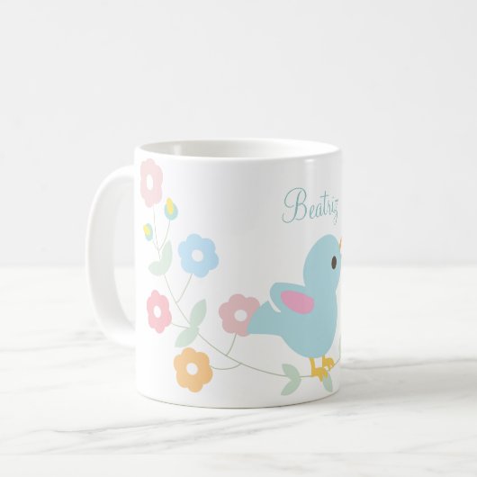 Gepersonaliseerde Kawaii Bird en Flowers Koffiemok (Voorkant links)