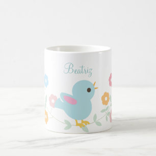 Gepersonaliseerde Kawaii Bird en Flowers Koffiemok