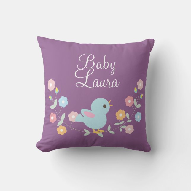 Gepersonaliseerde Kawaii Bird en Flowers Kussen (Voorkant)