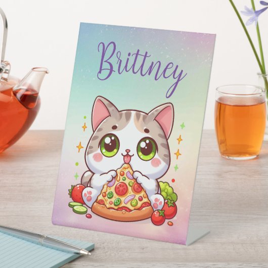 Gepersonaliseerde Kawaii Cat Eten Pizza Custom Reclamebord Met Voetstuk (Insitu)
