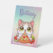 Gepersonaliseerde Kawaii Cat Eten Pizza Custom Reclamebord Met Voetstuk (Voorkant)