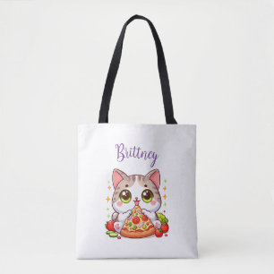 Gepersonaliseerde Kawaii Cat Eten Pizza Custom Tote Bag