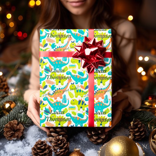 Gepersonaliseerde Kawaii Dinosaur Gift Wrap voor K Cadeaupapier