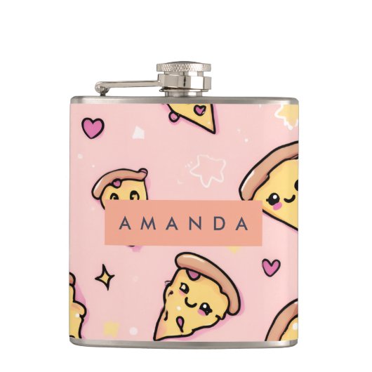 Gepersonaliseerde Kawaii Fun Pizza Slice Patroon Heupfles (Voorkant)