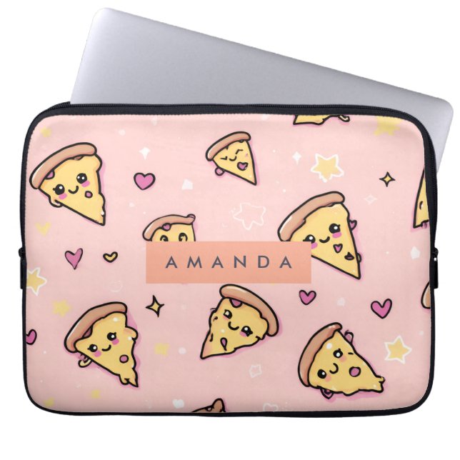Gepersonaliseerde Kawaii Fun Pizza Slice Patroon Laptop Sleeve (Voorkant)