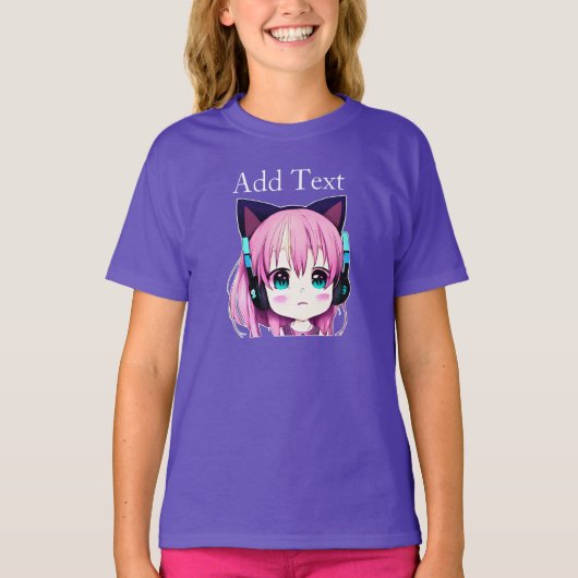 Gepersonaliseerde Kawaii Meisje met Hoofdtelefoon  T-shirt (Voorkant)