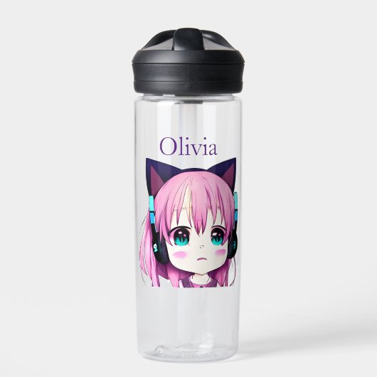 Gepersonaliseerde Kawaii Meisje met Hoofdtelefoon  Waterfles (Voorkant)