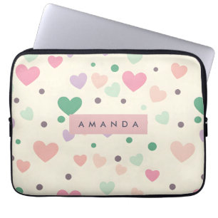 Gepersonaliseerde Kawaii Pastel Harten & Stippen Laptop Sleeve