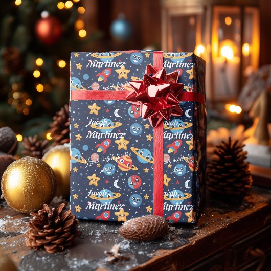 Gepersonaliseerde Kawaii Space Adventure Gift Wrap Cadeaupapier