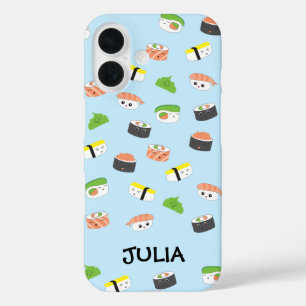 Gepersonaliseerde Kawaii, sushi illustratie blauw  iPhone 16 Hoesje