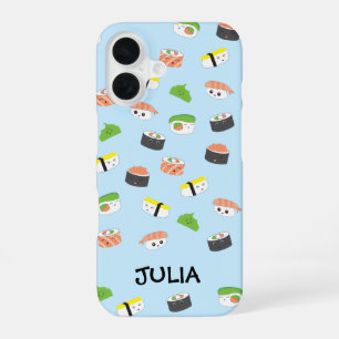 Gepersonaliseerde Kawaii, sushi illustratie blauw  iPhone 16 Hoesje