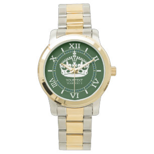 Gepersonaliseerde Keep Calm Crown op Forest Green Horloge