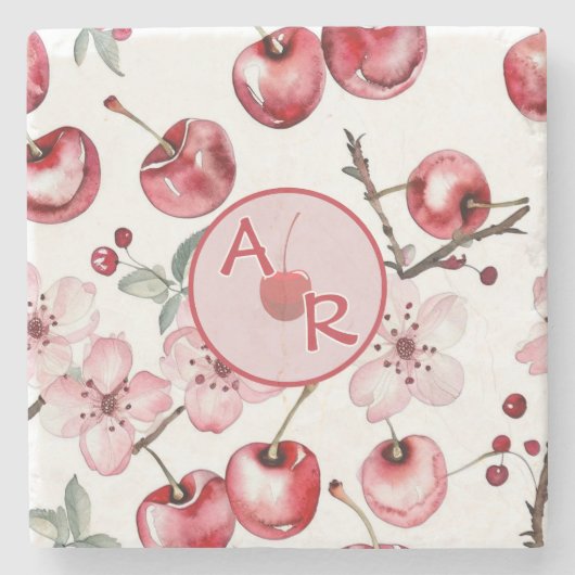 Gepersonaliseerde Kersenbloesem en Monogram Stenen Onderzetter (Voorkant)