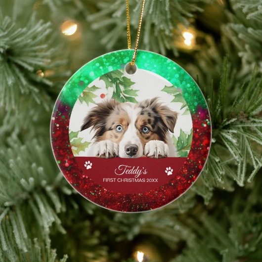 Gepersonaliseerde Kerst Australian Shepherd Keramisch Ornament (Boom)