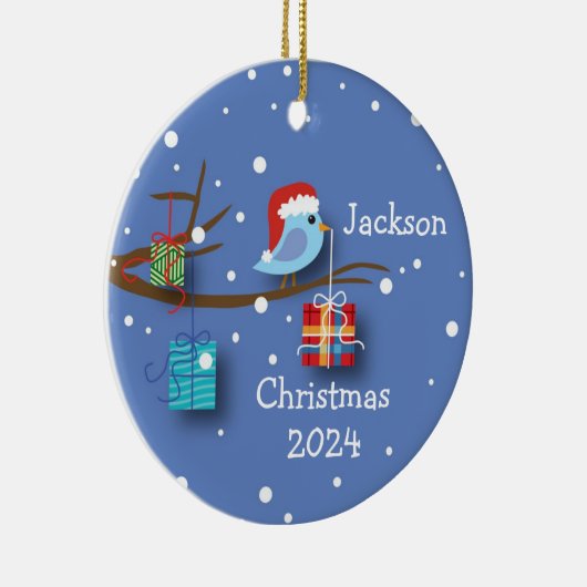 Gepersonaliseerde kerst Bluebird met geschenken Keramisch Ornament (Rechts)