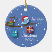 Gepersonaliseerde kerst Bluebird met geschenken Keramisch Ornament (Voorkant)