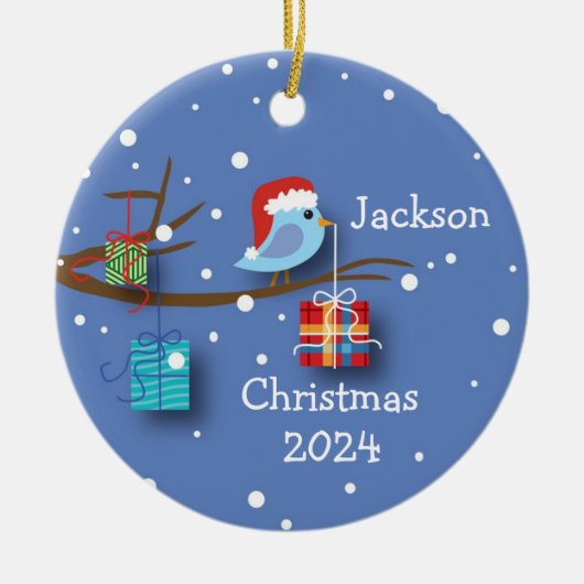 Gepersonaliseerde kerst Bluebird met geschenken Keramisch Ornament (Voorkant)
