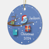 Gepersonaliseerde kerst Bluebird met geschenken Keramisch Ornament (Links)