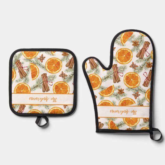 Gepersonaliseerde Kerst Citrus Spice Ovenwant & Pannenlap Set (Voorkant)