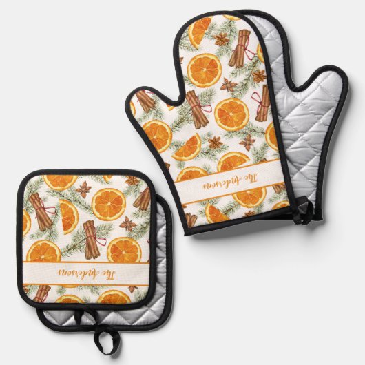Gepersonaliseerde Kerst Citrus Spice Ovenwant & Pannenlap Set (Voorkant / Achterkant)