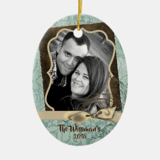 Gepersonaliseerde Kerst Damast Winte FOTO Ornament (Voorkant)