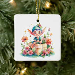 Gepersonaliseerde Kerst Elf Waterverf Illustratie Keramisch Ornament