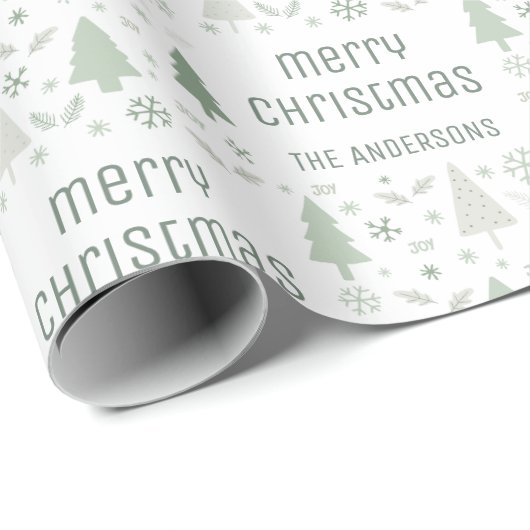 Gepersonaliseerde Kerst Familienaam Sage Green Cadeaupapier (Rol Hoek)