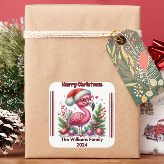 Gepersonaliseerde kerst flamingo met feestelijke f vierkante sticker (Feestdagen)