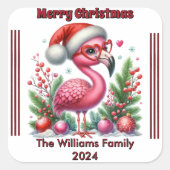 Gepersonaliseerde kerst flamingo met feestelijke f vierkante sticker (Voorkant)
