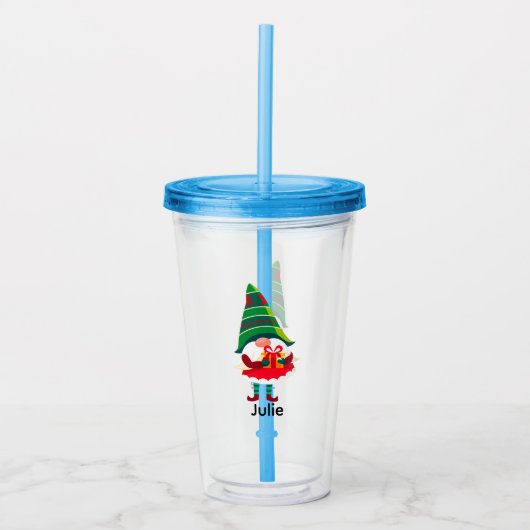 Gepersonaliseerde kerst Gnome met een geschenkdoos Acryl Drinkbeker (Voorkant)