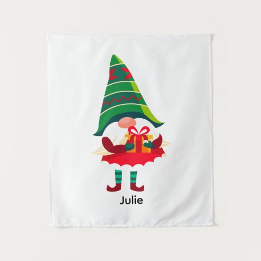 Gepersonaliseerde kerst Gnome met een geschenkdoos Wandkleed (Voorkant)