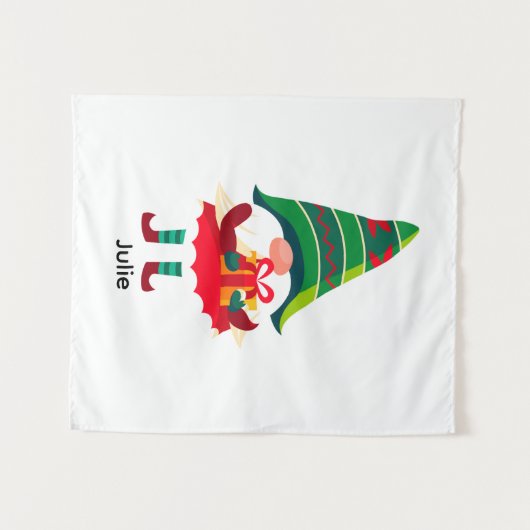 Gepersonaliseerde kerst Gnome met een geschenkdoos Wandkleed (Voorkant (horizontaal))