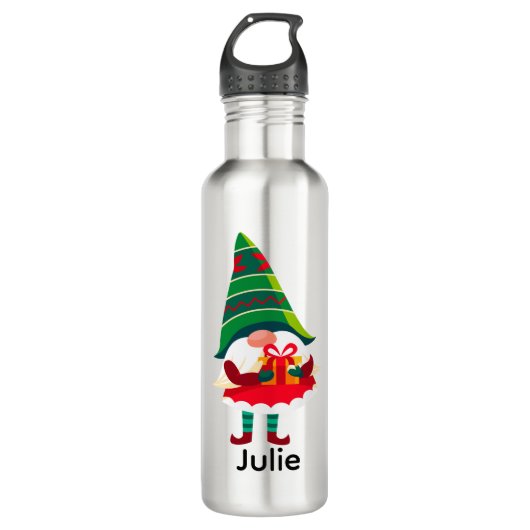 Gepersonaliseerde kerst Gnome met een geschenkdoos Waterfles (Voorkant)