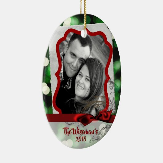 Gepersonaliseerde Kerst Groene Bokeh FOTO Ornament (Rechts)