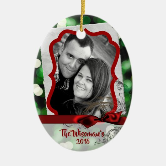 Gepersonaliseerde Kerst Groene Bokeh FOTO Ornament (Voorkant)
