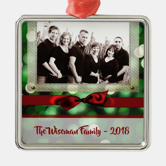 Gepersonaliseerde Kerst Groene Bokeh FOTO Ornament (Voorkant)