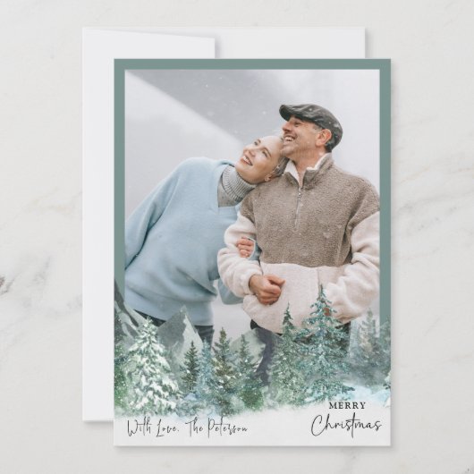 Gepersonaliseerde Kerst Groene Pijnboombos Foto Feestdagenkaart (Voorkant)