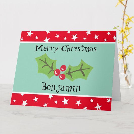 Gepersonaliseerde kerst Holly & Berries Kaart (Gele Bloem)