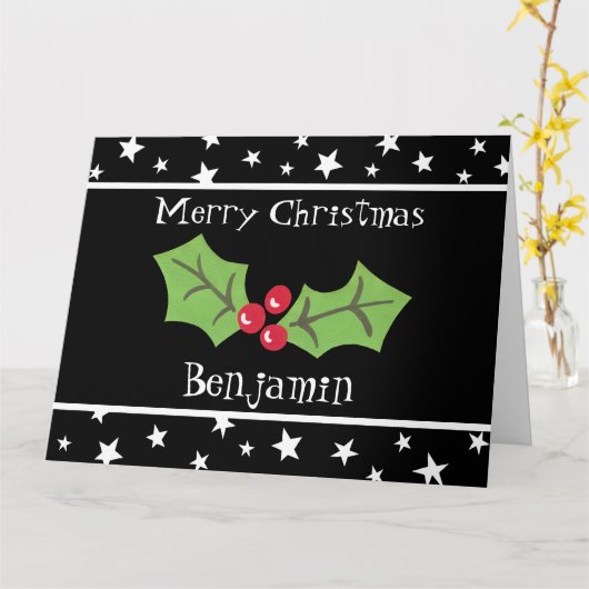 Gepersonaliseerde kerst Holly & Berries Kaart (Gele Bloem)